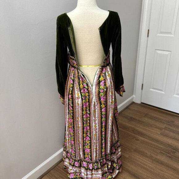 Vintage 70s Velvet Floral Cottage Prairie Peasant Maxi Dress Sz S - Picture 12 of 14